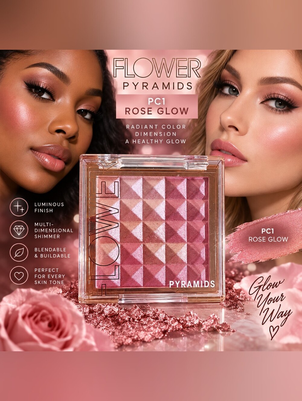FLOWER Pyramids PC1 Rose Glow Shimmering Eyeshadow Palette - Rose Pink